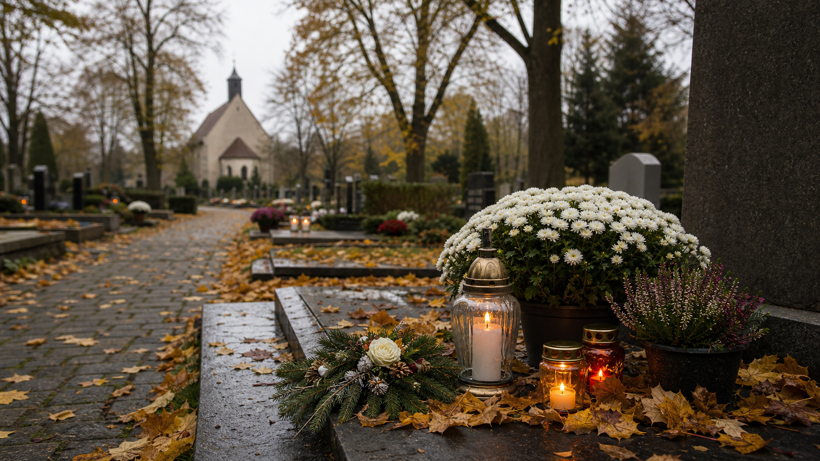 Cemetery candles in Germany on All Saints' Day with autumn leaves