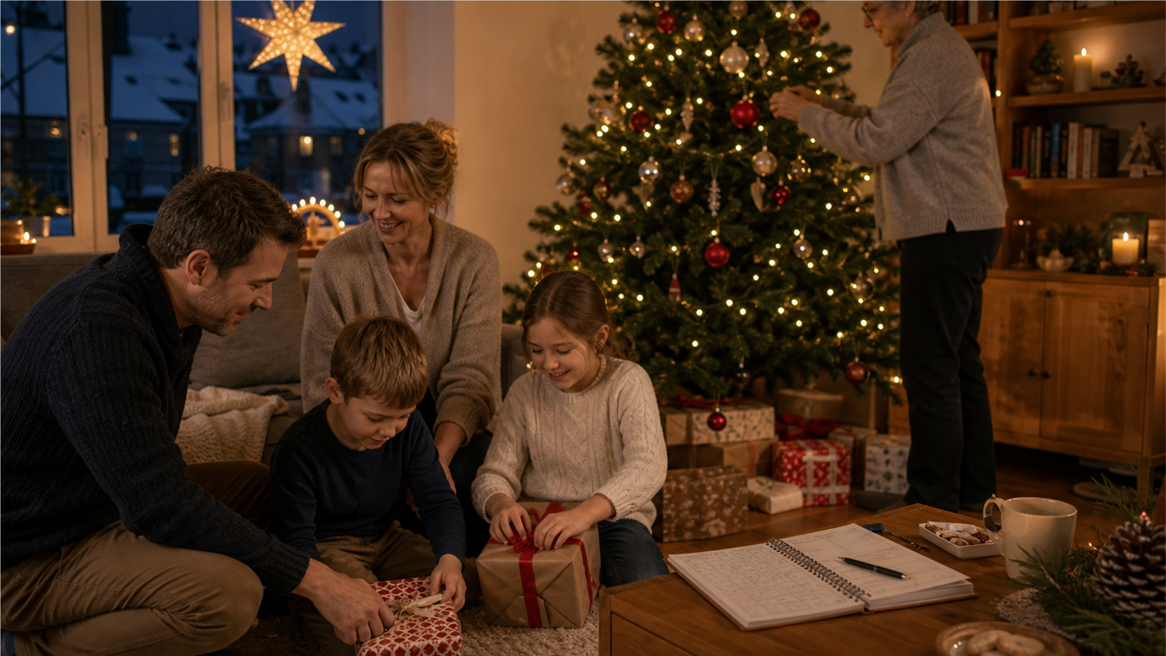 German Christmas Eve living room with wrapped gifts