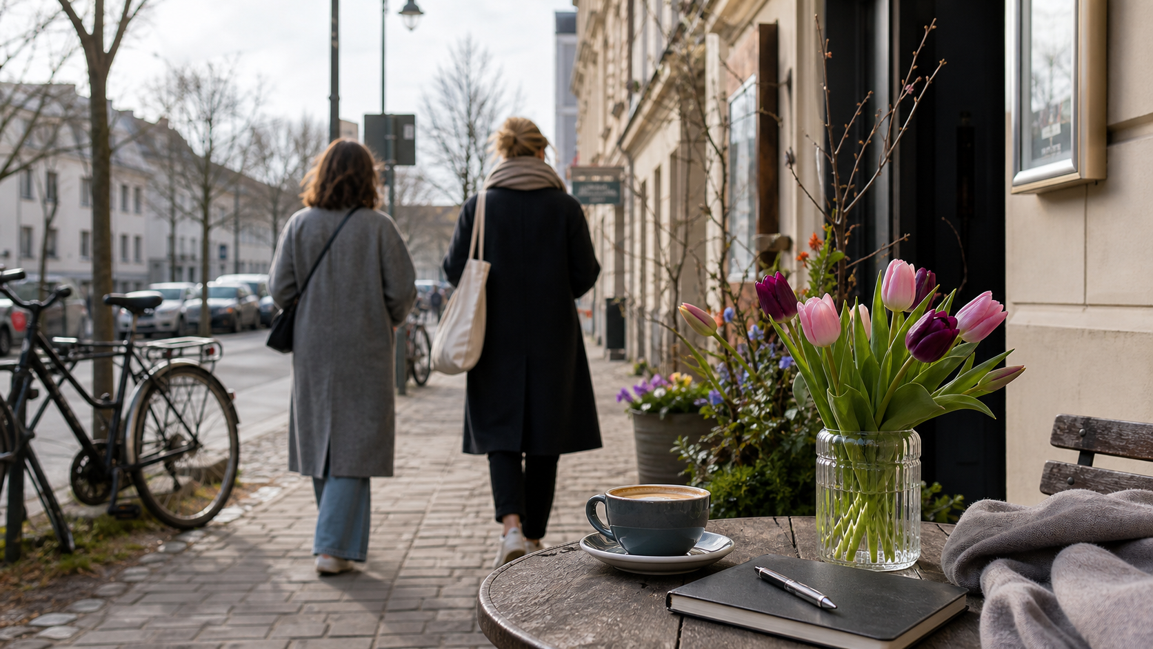 Berlin street cafe on International Women's Day with spring flowers