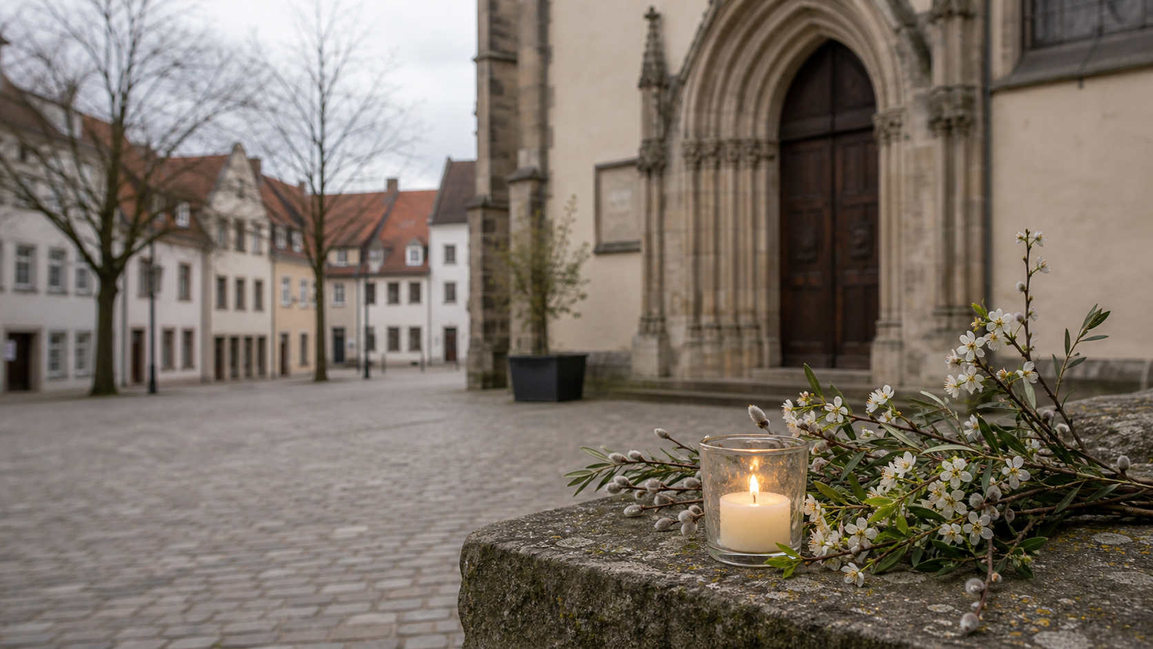 Quiet German church square on Good Friday with spring light