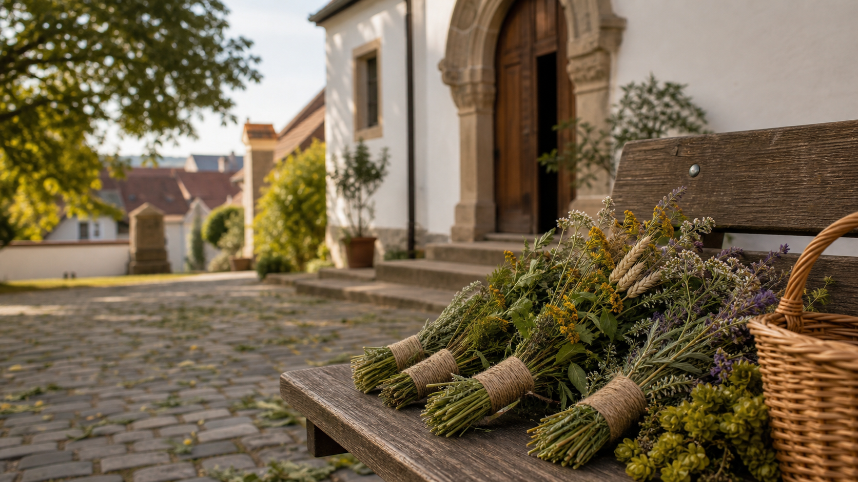 Assumption Day herb bundles near a church in southern Germany