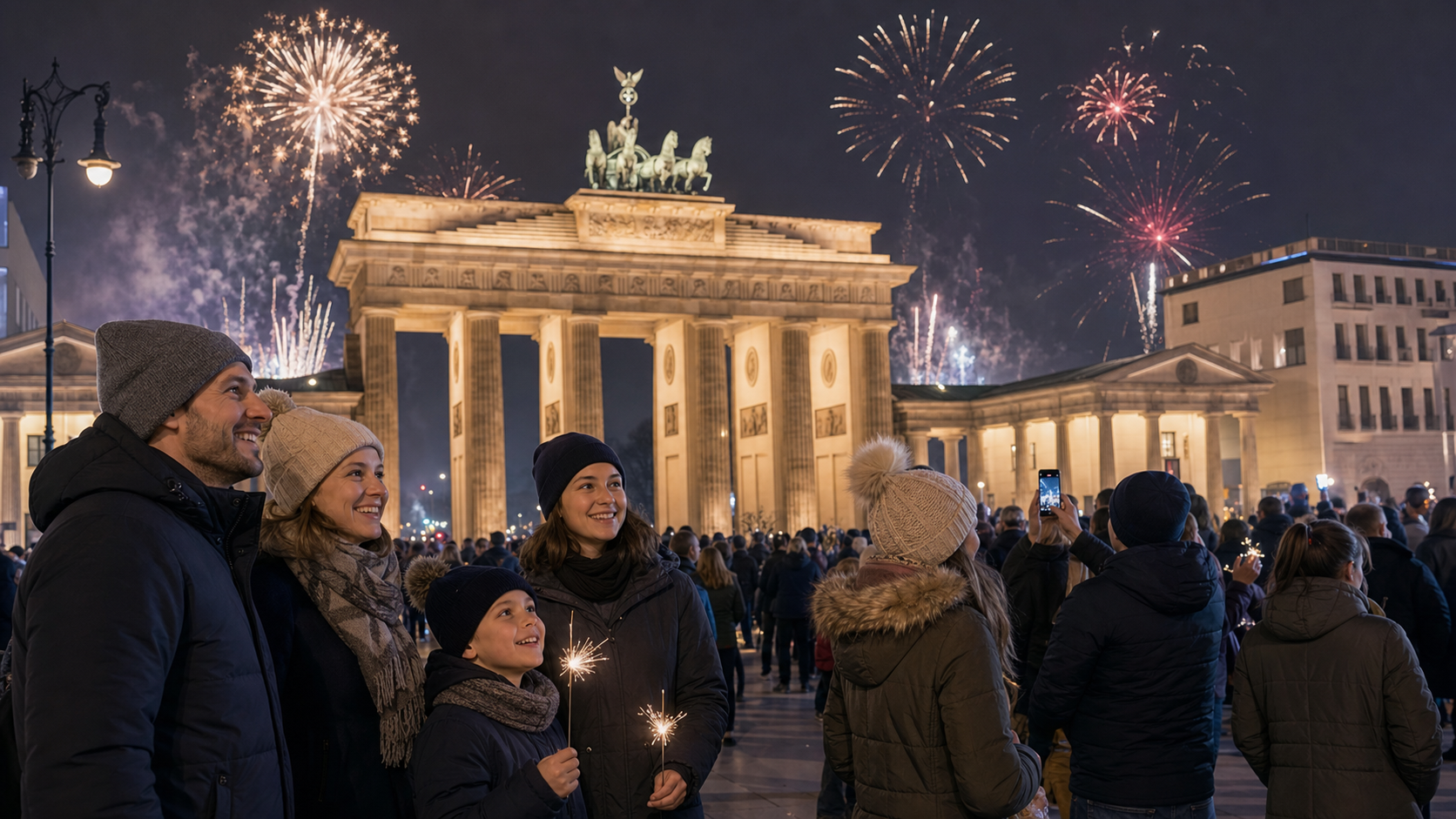 Fireworks over Brandenburg Gate on a snowy German New Year's morning