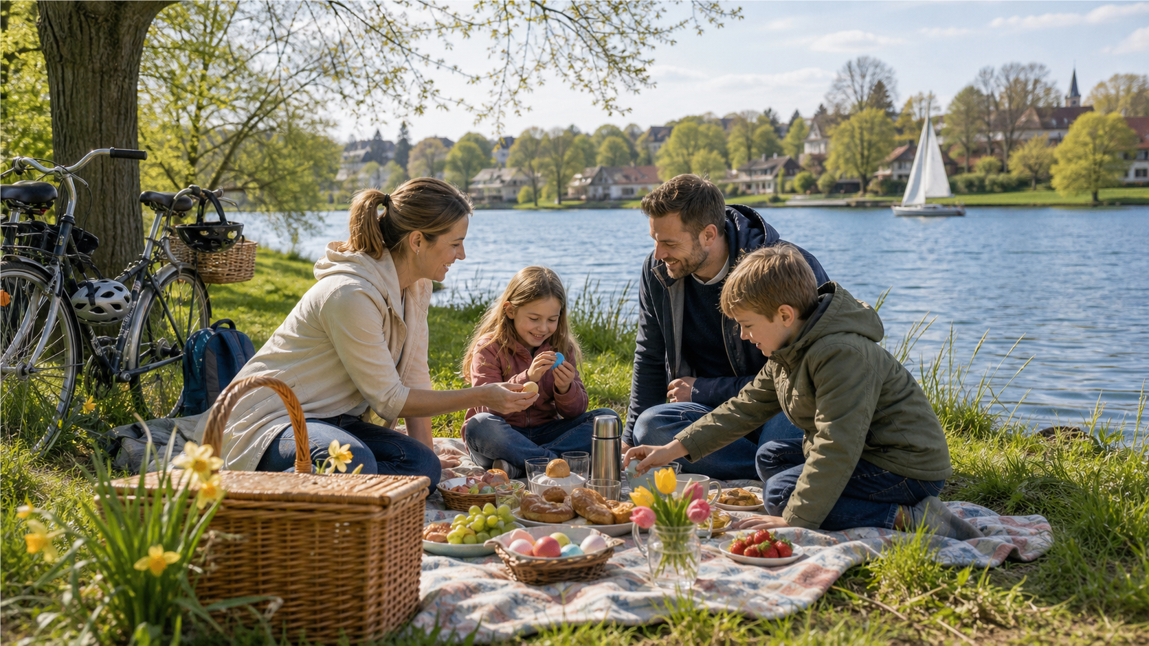 German spring lakeside picnic on Easter Monday