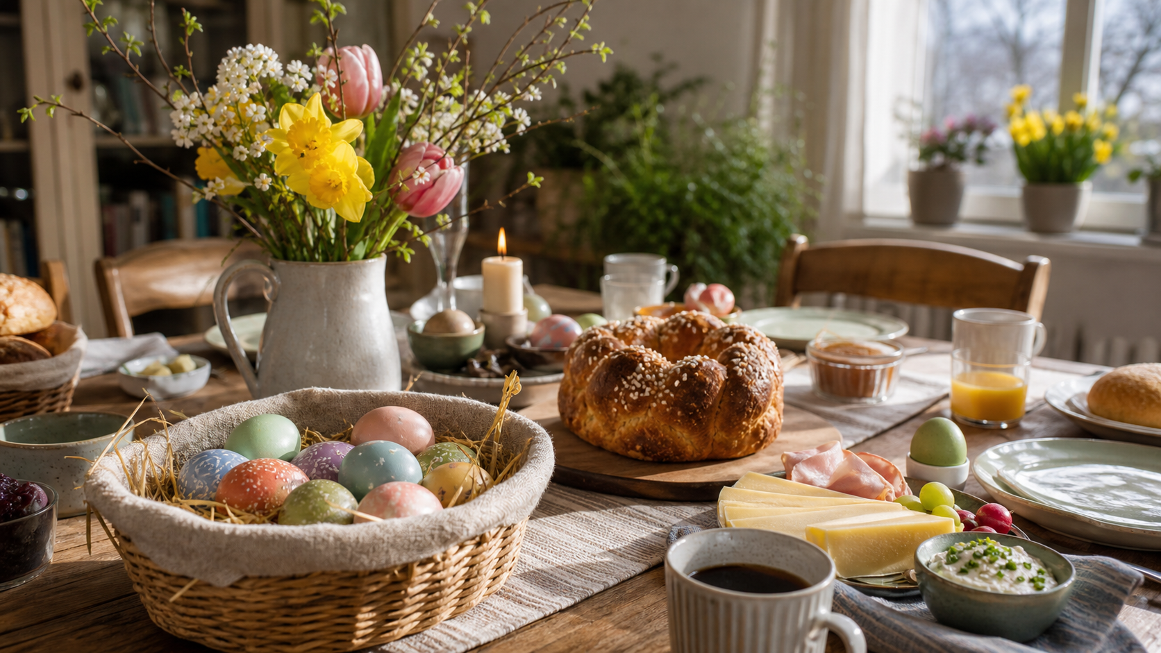 German Easter table with painted eggs and festive bread