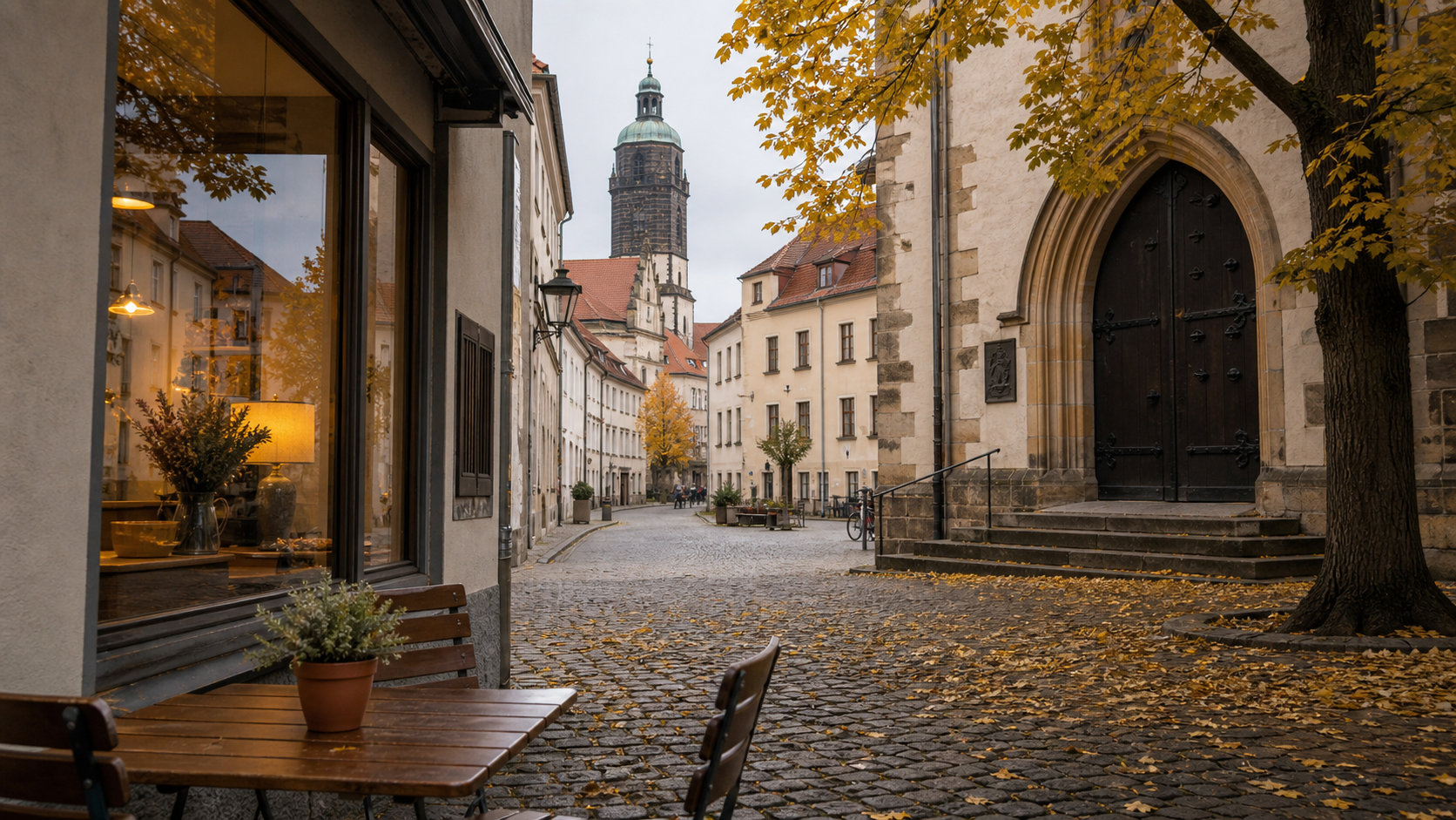 Autumn church street in Germany on Reformation Day