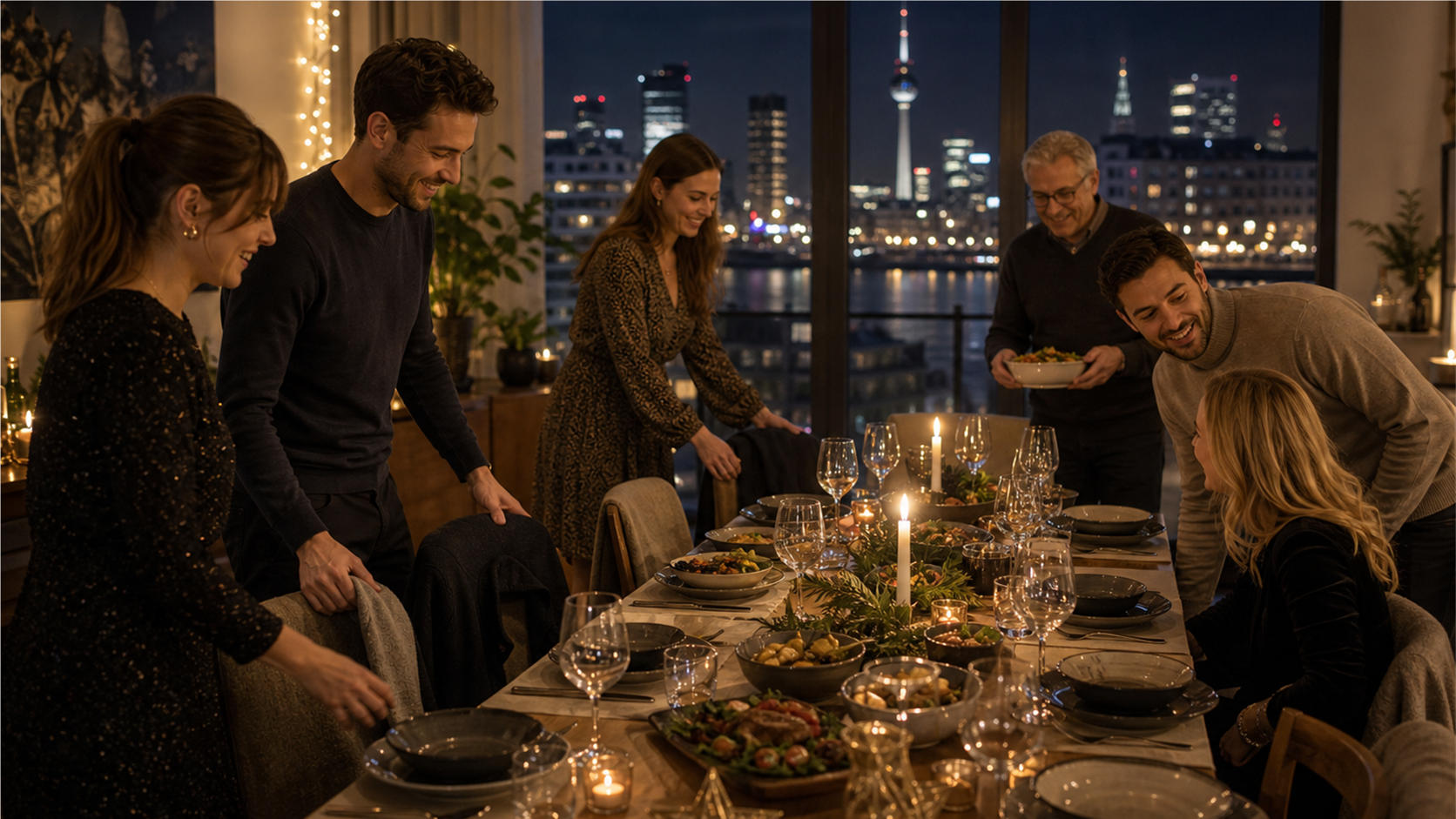 German New Year's Eve dinner table with raclette and city lights