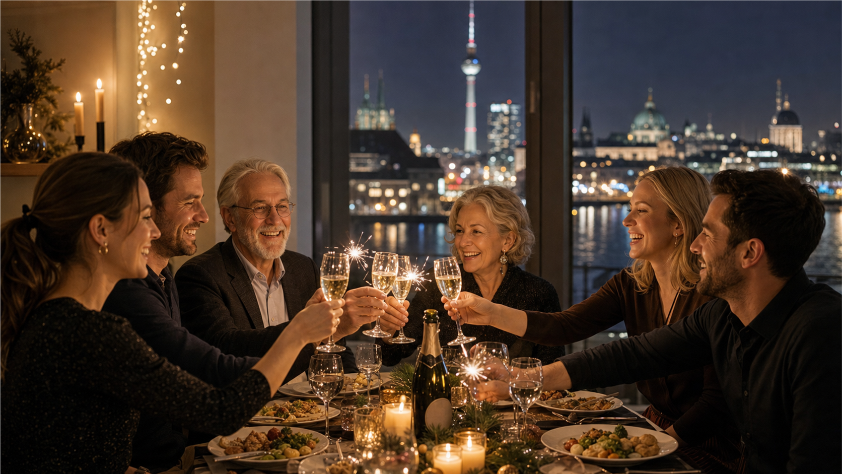 German New Year's Eve dinner table with city lights