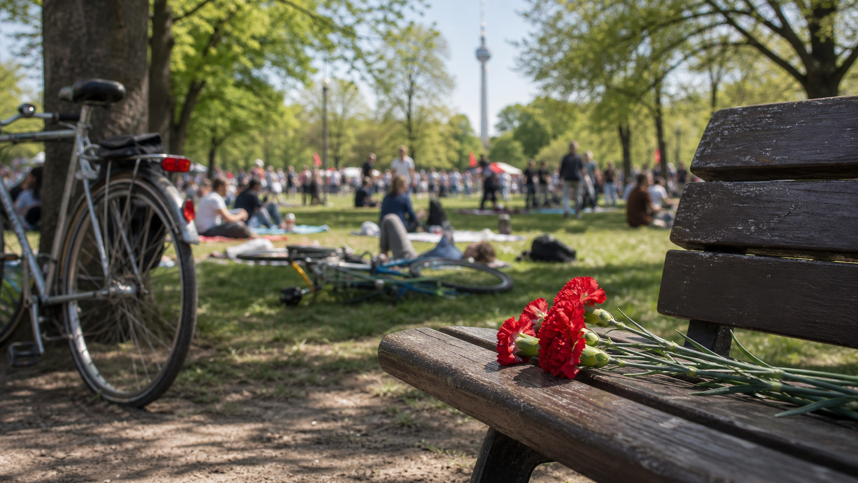 German May Day park with bicycles and red carnations